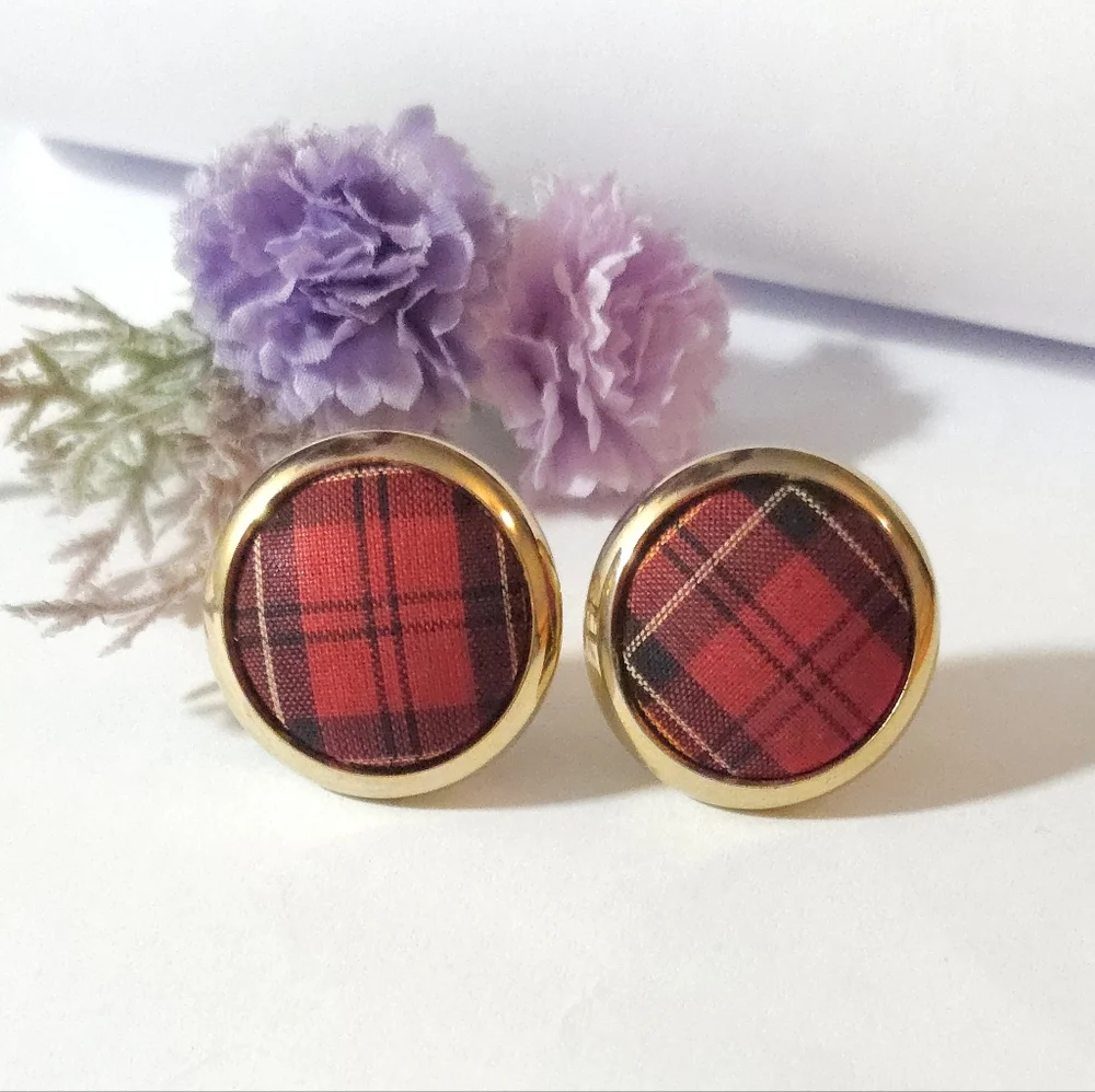 Vintage Tartan Plaid Wool Gold Tone Cufflinks Scottish Style